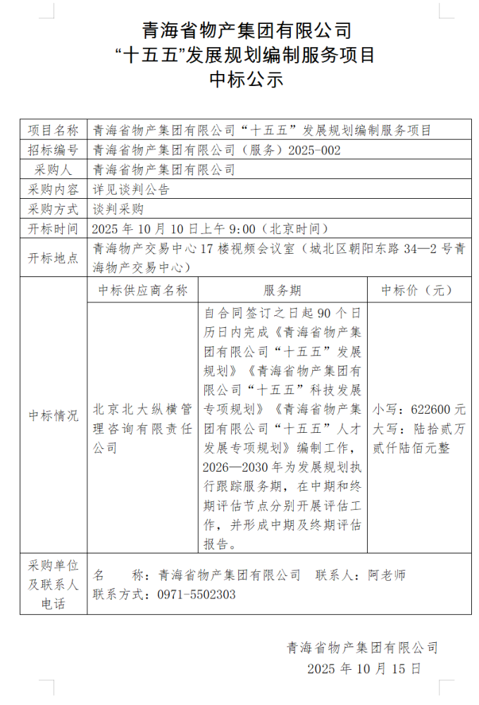 青海省物產(chǎn)集團(tuán)有限公司 &ldquo;十五五&rdquo;發(fā)展規(guī)劃編制服務(wù)項(xiàng)目 中標(biāo)公示